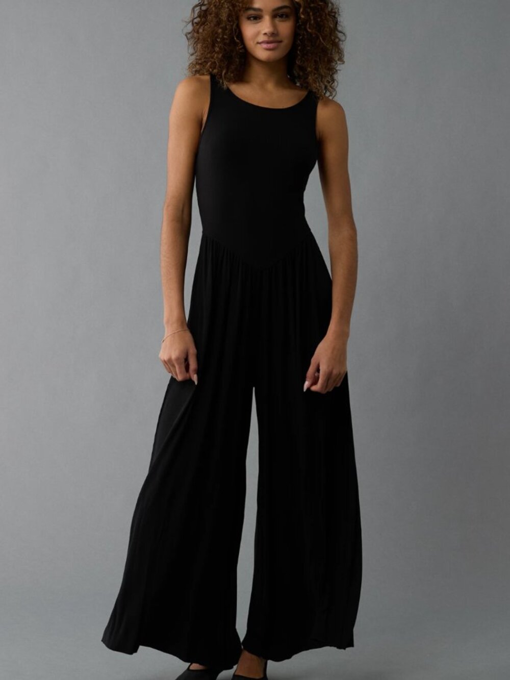 American Eagle Outfitters Soft & Sexy Ribbed Black Sleeveless Wide Leg Jumsuit